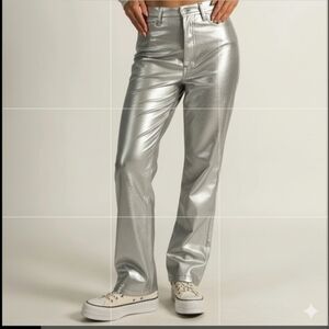 SZ10 House of Harlow 1960 Shimmering Silver Faux Leather Straight Leg Pants